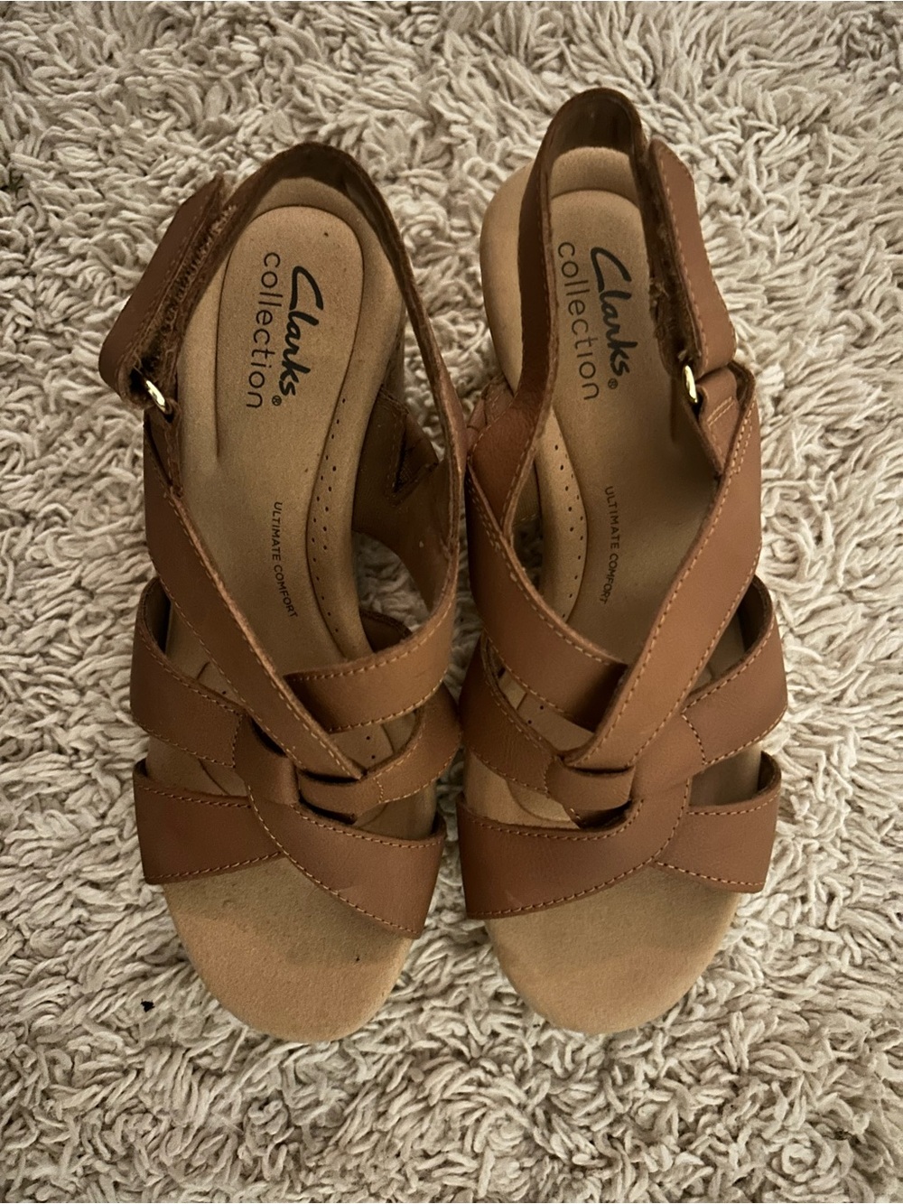 Clarks Tan Strappy Wedge Sandals